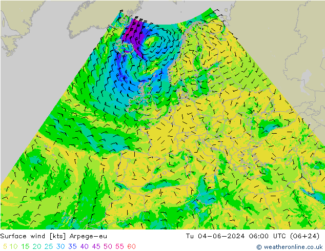 Surface wind Arpege-eu Tu 04.06.2024 06 UTC