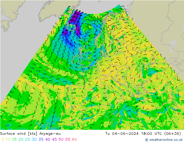 Rüzgar 10 m Arpege-eu Sa 04.06.2024 18 UTC