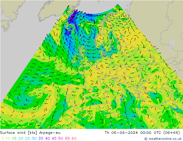 Viento 10 m Arpege-eu jue 06.06.2024 00 UTC