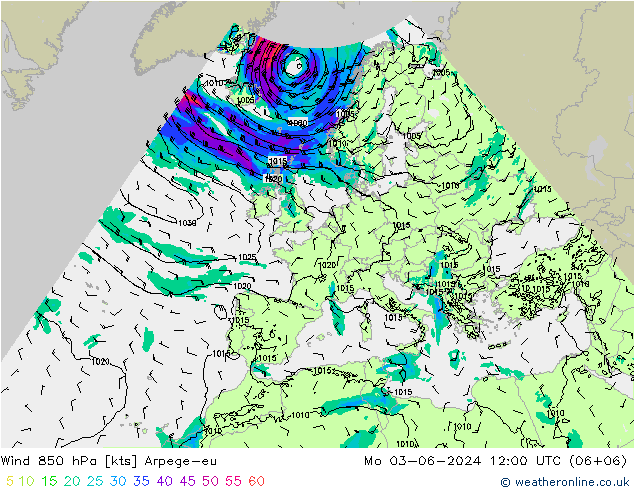 Wind 850 hPa Arpege-eu Po 03.06.2024 12 UTC