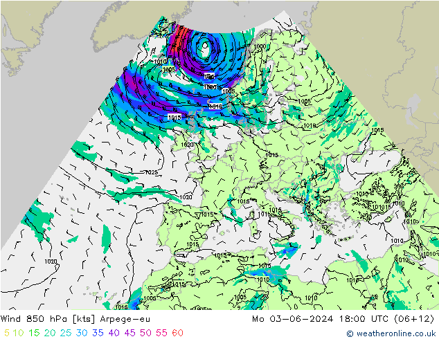 Wind 850 hPa Arpege-eu ma 03.06.2024 18 UTC