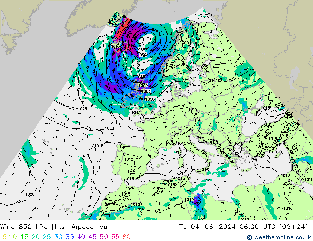 wiatr 850 hPa Arpege-eu wto. 04.06.2024 06 UTC