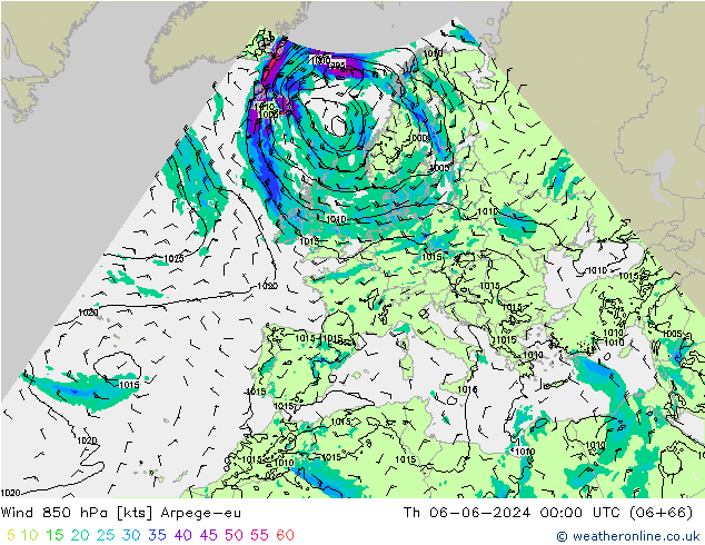 Wind 850 hPa Arpege-eu Th 06.06.2024 00 UTC