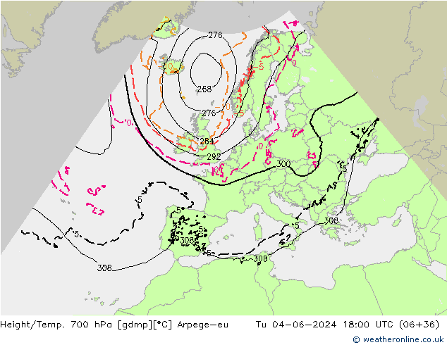 Height/Temp. 700 hPa Arpege-eu Út 04.06.2024 18 UTC