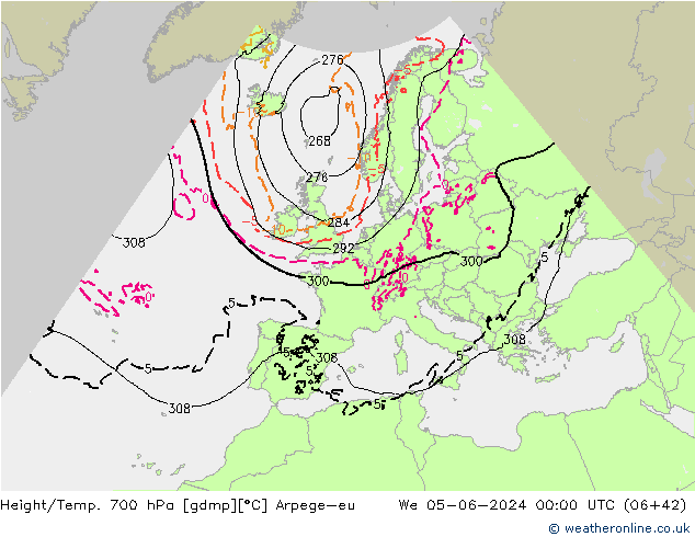 Height/Temp. 700 hPa Arpege-eu mer 05.06.2024 00 UTC