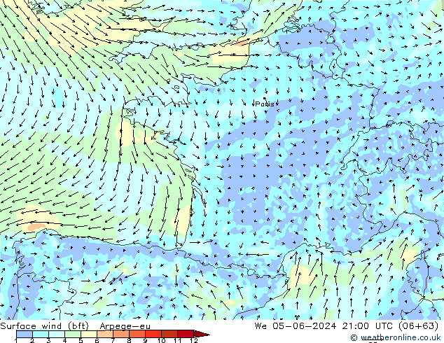 Surface wind (bft) Arpege-eu We 05.06.2024 21 UTC