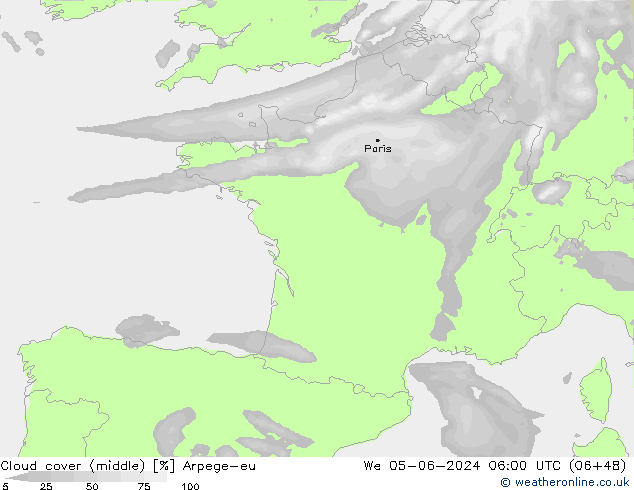 Cloud cover (middle) Arpege-eu We 05.06.2024 06 UTC