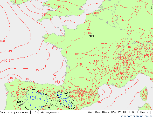 Surface pressure Arpege-eu We 05.06.2024 21 UTC