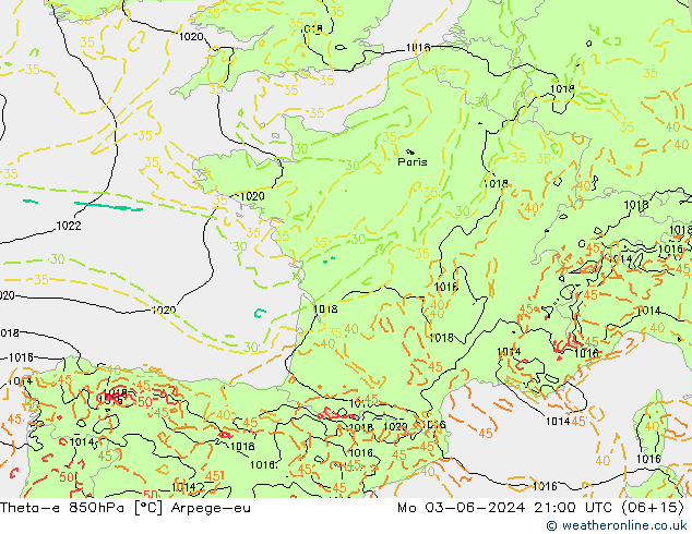 Theta-e 850hPa Arpege-eu Mo 03.06.2024 21 UTC