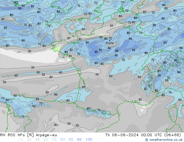 RH 850 hPa Arpege-eu gio 06.06.2024 00 UTC