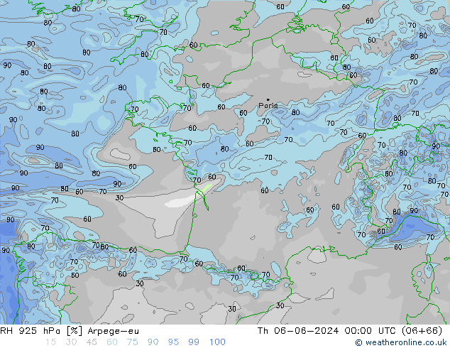 RH 925 hPa Arpege-eu Th 06.06.2024 00 UTC