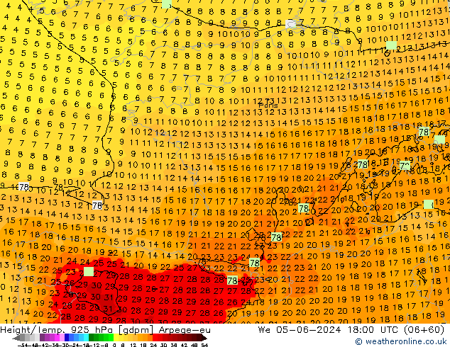 Hoogte/Temp. 925 hPa Arpege-eu wo 05.06.2024 18 UTC