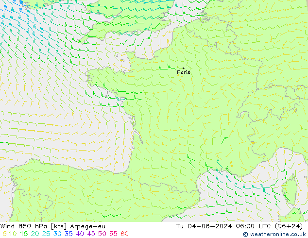 Rüzgar 850 hPa Arpege-eu Sa 04.06.2024 06 UTC