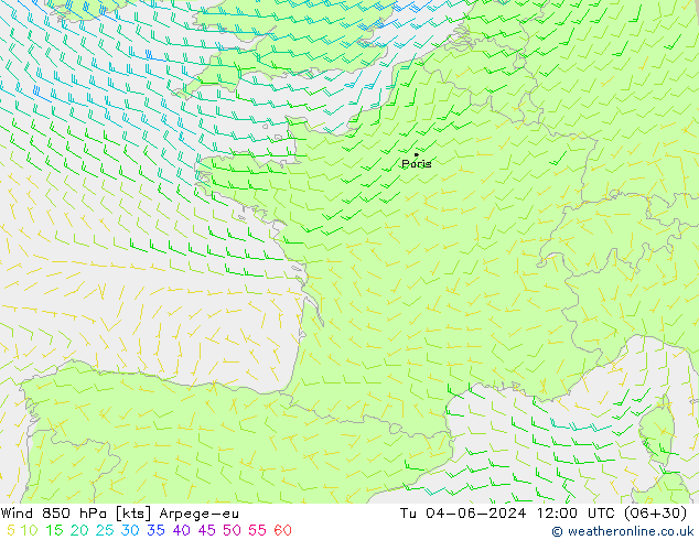 Vento 850 hPa Arpege-eu mar 04.06.2024 12 UTC