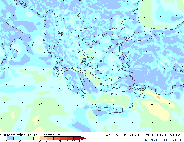 Surface wind (bft) Arpege-eu St 05.06.2024 00 UTC