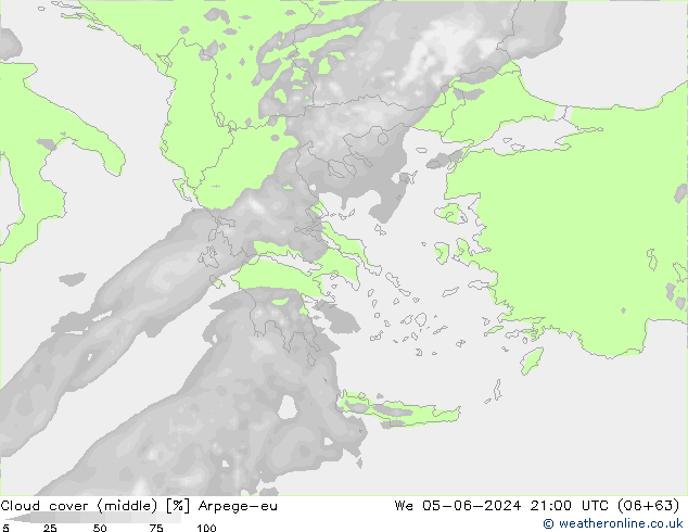 Cloud cover (middle) Arpege-eu We 05.06.2024 21 UTC