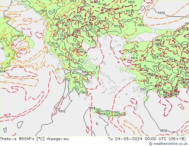 Theta-e 850hPa Arpege-eu Tu 04.06.2024 00 UTC