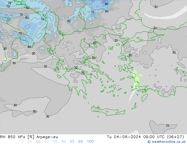 Humidité rel. 850 hPa Arpege-eu mar 04.06.2024 09 UTC