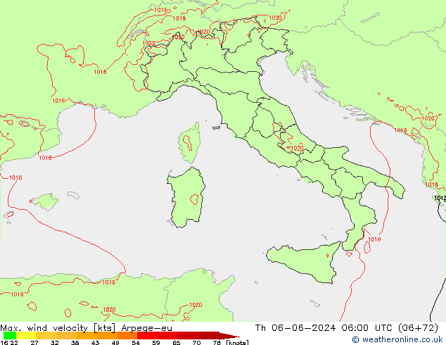 Max. wind velocity Arpege-eu gio 06.06.2024 06 UTC