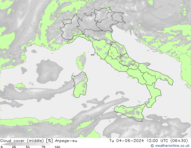 Cloud cover (middle) Arpege-eu Tu 04.06.2024 12 UTC