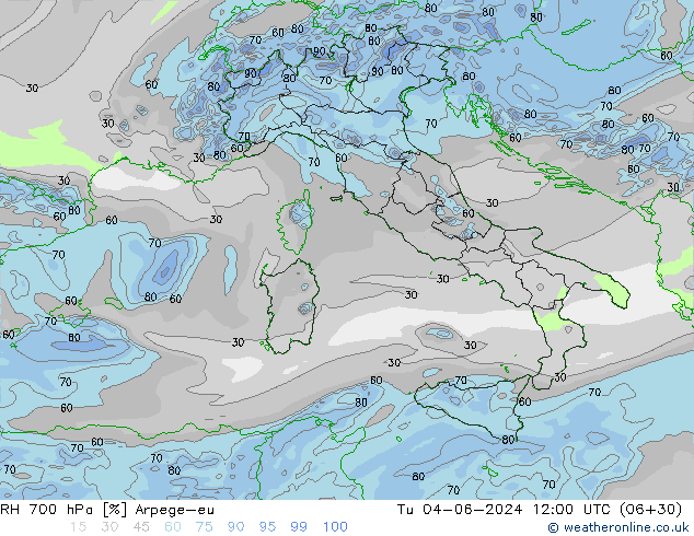 RH 700 hPa Arpege-eu mar 04.06.2024 12 UTC