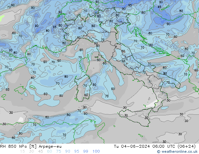 RH 850 hPa Arpege-eu Tu 04.06.2024 06 UTC