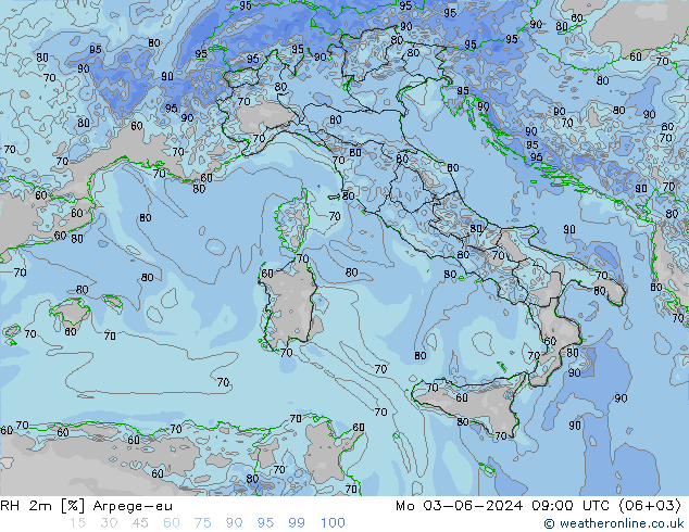 Humedad rel. 2m Arpege-eu lun 03.06.2024 09 UTC