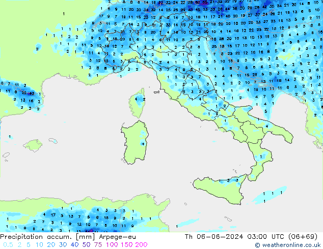 Precipitation accum. Arpege-eu  06.06.2024 03 UTC