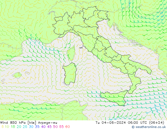 ветер 850 гПа Arpege-eu вт 04.06.2024 06 UTC