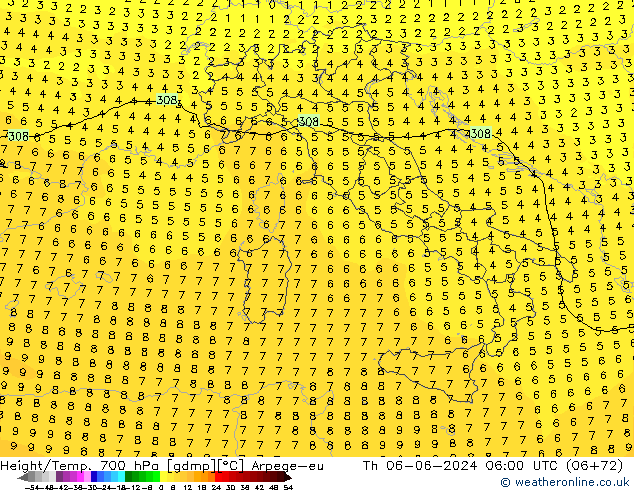 Height/Temp. 700 hPa Arpege-eu Qui 06.06.2024 06 UTC