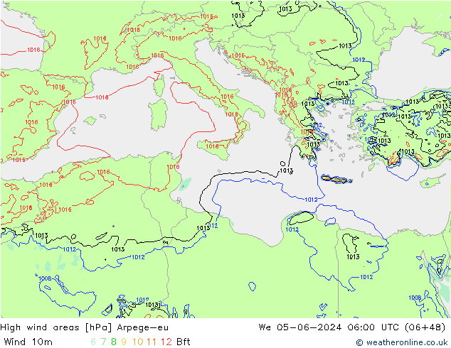 High wind areas Arpege-eu mié 05.06.2024 06 UTC