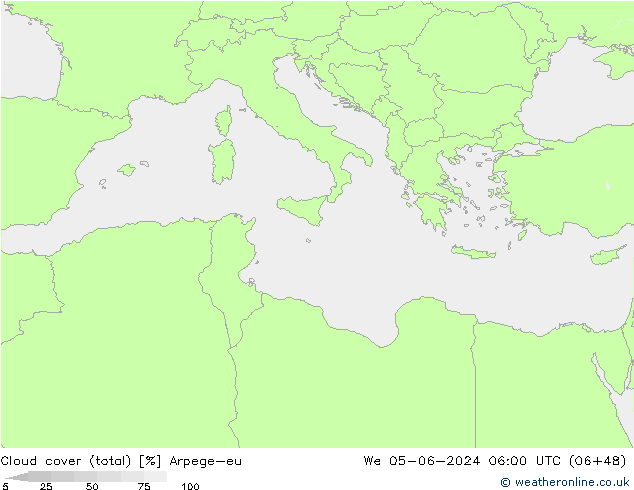 Cloud cover (total) Arpege-eu St 05.06.2024 06 UTC