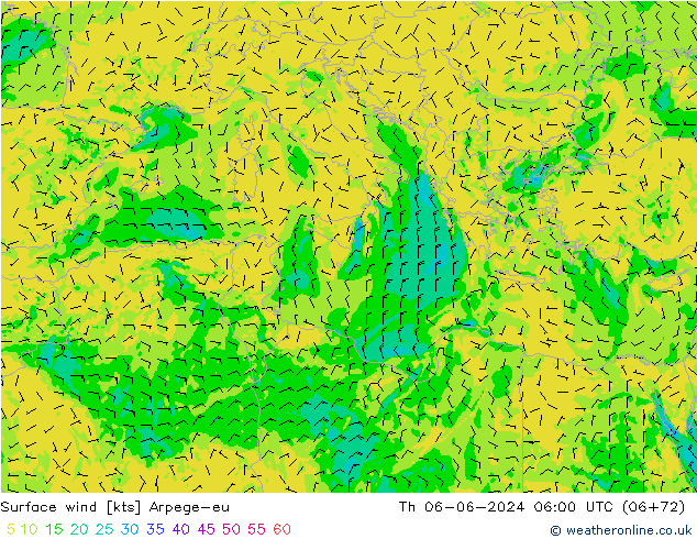 Surface wind Arpege-eu Čt 06.06.2024 06 UTC