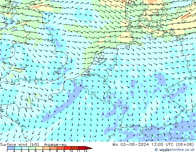 Surface wind (bft) Arpege-eu Mo 03.06.2024 12 UTC