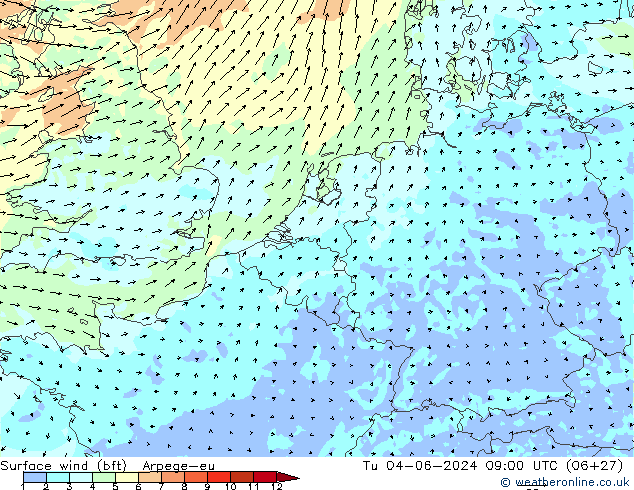 Surface wind (bft) Arpege-eu Út 04.06.2024 09 UTC