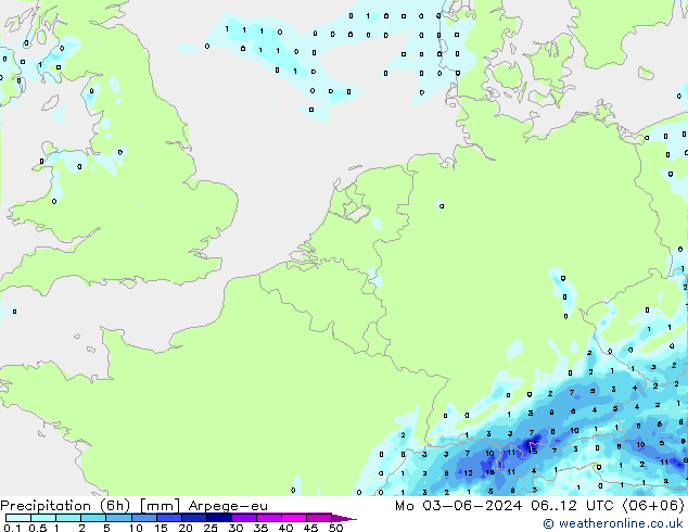 Precipitación (6h) Arpege-eu lun 03.06.2024 12 UTC