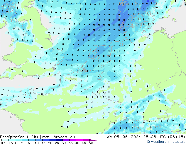Precipitação (12h) Arpege-eu Qua 05.06.2024 06 UTC
