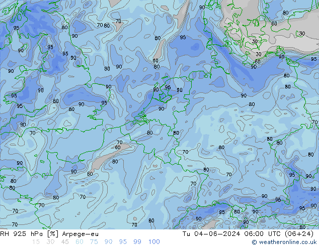 RH 925 hPa Arpege-eu wto. 04.06.2024 06 UTC