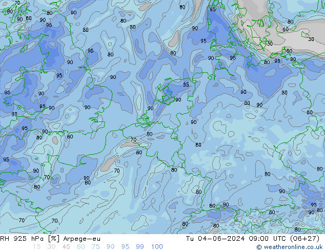 RH 925 hPa Arpege-eu Út 04.06.2024 09 UTC