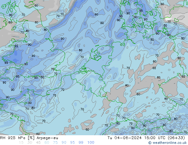 Humidité rel. 925 hPa Arpege-eu mar 04.06.2024 15 UTC