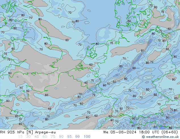 RH 925 hPa Arpege-eu śro. 05.06.2024 18 UTC