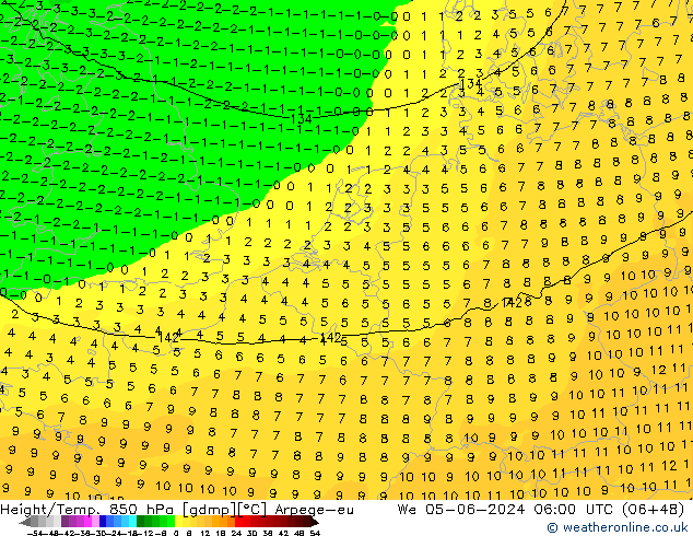 Height/Temp. 850 hPa Arpege-eu Qua 05.06.2024 06 UTC