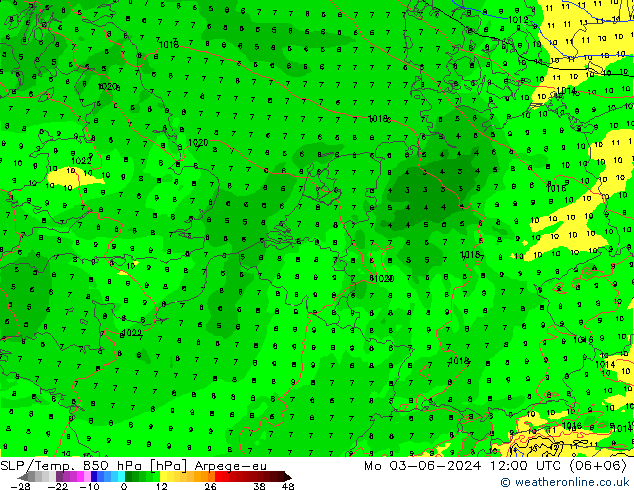 850 hPa Yer Bas./Sıc Arpege-eu Pzt 03.06.2024 12 UTC