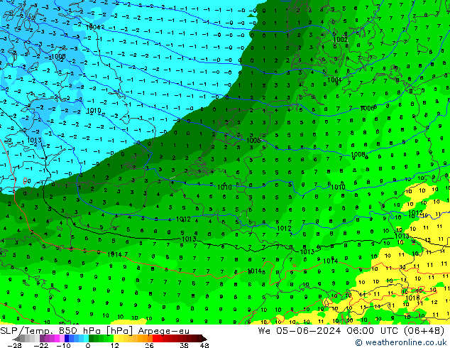 SLP/Temp. 850 hPa Arpege-eu mer 05.06.2024 06 UTC