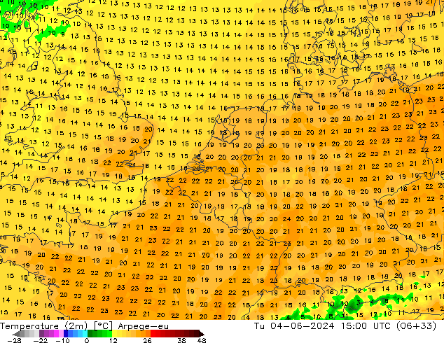 température (2m) Arpege-eu mar 04.06.2024 15 UTC