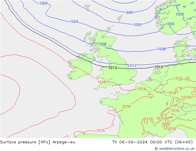 Atmosférický tlak Arpege-eu Čt 06.06.2024 00 UTC