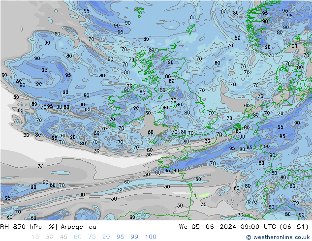 Humidité rel. 850 hPa Arpege-eu mer 05.06.2024 09 UTC