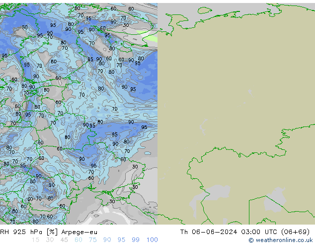 Humedad rel. 925hPa Arpege-eu jue 06.06.2024 03 UTC