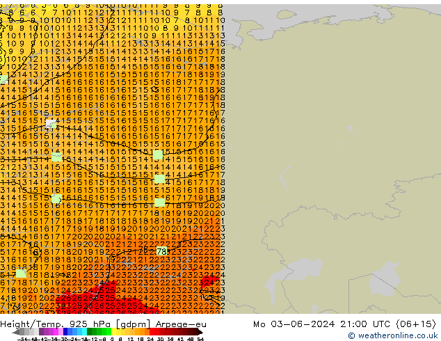 Yükseklik/Sıc. 925 hPa Arpege-eu Pzt 03.06.2024 21 UTC