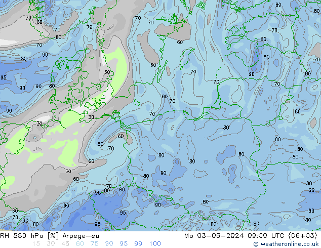 RH 850 hPa Arpege-eu Mo 03.06.2024 09 UTC
